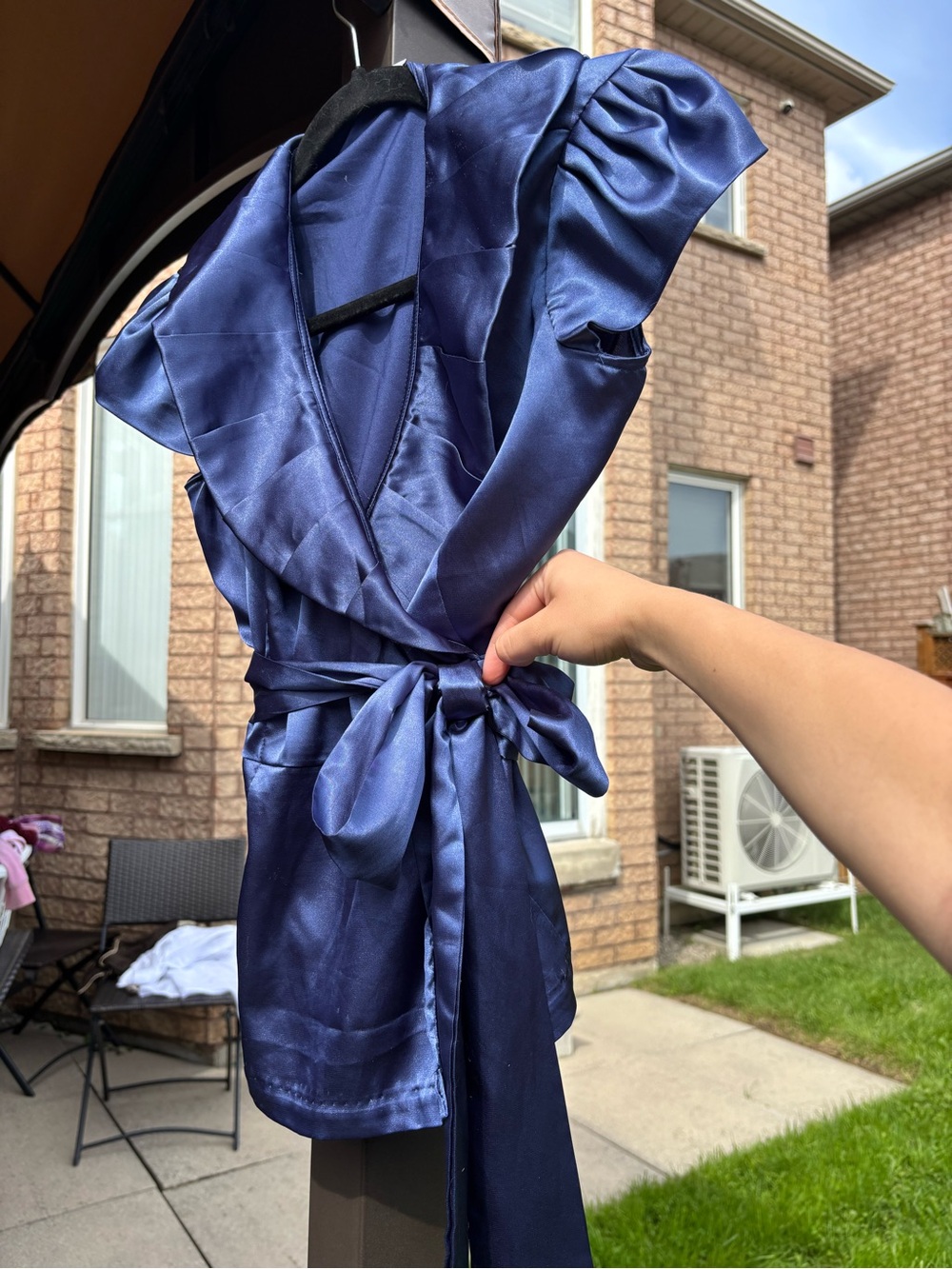 Suzy Shier Navy Satin Short Robe with Self-Tie Belt